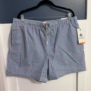 RAINFOREST Men's Blue & White Seersucker Stripe Swim Shorts with Flamingo